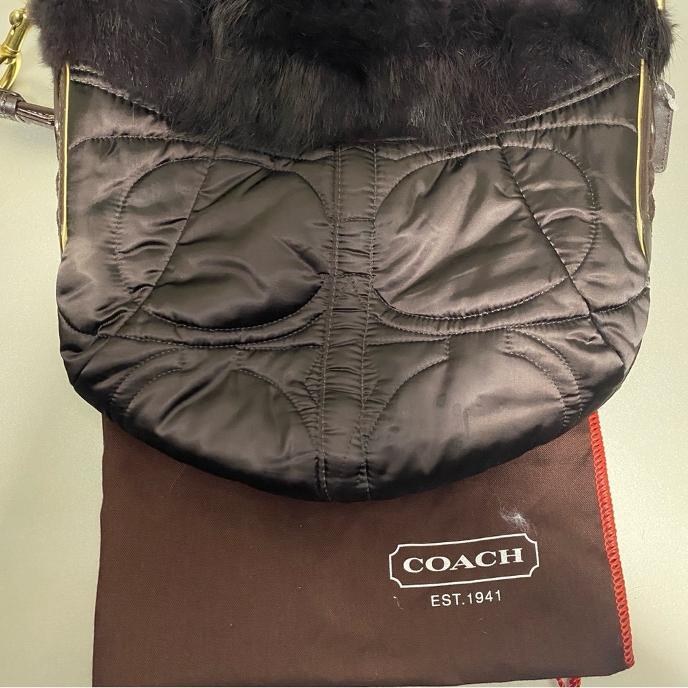 EUC Vintage Coach Brown Rabbit Fur Nylon Quilted Hobo Bag - Limited Edition - Picture 2 of 12